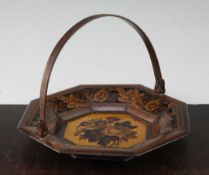 A Tunbridgeware octagonal basket, 9in. A Tunbridgeware octagonal basket, with swing handle,