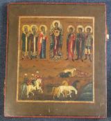 19th century Russian School Icon depicting seven saints and three kings, 12 x 10.75in. 19th