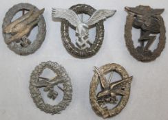 Five German Third Reich Luftwaffe badges, Five German Third Reich Luftwaffe badges, including a
