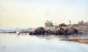 Spyridon Scarvelli (1868-1942) On the banks of the Nile, 11 x 17.75in. Spyridon Scarvelli (1868-