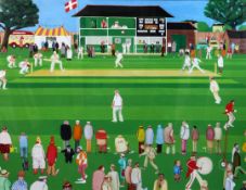 Michael Lewis (1943-) 'The Cricket Match', 28.5 x 38.5in. Michael Lewis (1943-)oil on board,'The