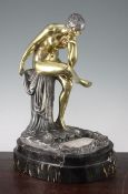 I. Gallo. A bronze and marble illuminated figure of a nude woman admiring her reflection in a