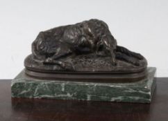 After Paul Joseph Raymond Gayrard. A bronze model of a recumbent deerhound, 6.5in. After Paul Joseph