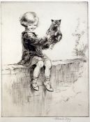 Eileen A.Soper (1905-1990) Girl with a cat 'Felix' seated upon a wall, 8.75 x 6.75in. Eileen A.Soper