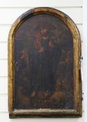 An 18th / 19th century continental arched panelled door, 25 x 16.5in. An 18th / 19th century