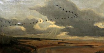 Peter Scott (1909-1989), oil on canvas, Geese in flight over the Solway Firth, 21 x 39in Peter Scott