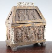 A Medieval style reliquary casket, 10in. A Medieval style reliquary casket, with embossed copper
