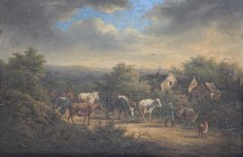 Charles Desan (19th C. Belgian) Cattle drovers on a lane, 9.75 x 14.5in., unframed Charles Desan (