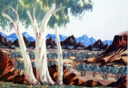 Gabriel Namatjira (1941-1969) Wooded landscape, 14 x 20.75in. Gabriel Namatjira (1941-1969)