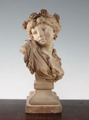 A continental terracotta bust of a young lady, 13.5in. A continental terracotta bust of a young