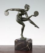 Derenne (Marcel Bourraine). A bronze metal figure of a dancing girl, 'Danse Paienne', 10.75in,