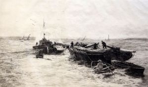 William Lionel Wyllie (1851-1931) Tug boat towing Rochester barges, 11.75 x 20.25in William Lionel
