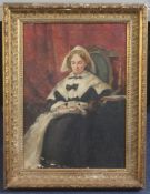 19th century English School Flemish woman seated in an armchair, 15.5 x 11in. 19th century English
