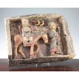 A continental carved and painted rectangular panel, width 19in. A continental carved and painted