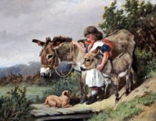 Arthur Batt (1846-1911) Girl with donkey, foal and a terrier, 12 x 15in. Arthur Batt (1846-1911)