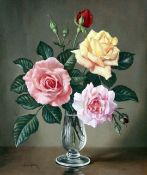 James Noble (1919-1989) Still lifes of roses, 14 x 11.5in. James Noble (1919-1989)pair of oils on