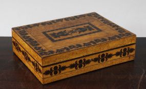 Birds eye maple writing box, perpetual calendar holder, rule with specimen woods A 19th century