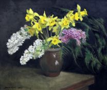 Norman Hepple RA (1908-1994) Still life of flowers in a pottery vase, 20 x 24in. Norman Hepple RA (