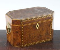 A Victorian bird's eye yew elongated octagonal tea caddy, 8.5in. A Victorian bird's eye yew