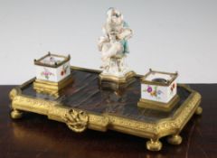 A Continental ormolu and porcelain mounted ink stand, 18th century and later, 32cm wide A