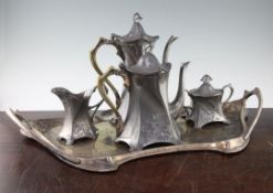 A WMF Art Nouveau silver plated five piece tea set, tray 25in. A WMF Art Nouveau silver plated
