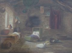 E.S. Greig (19th C.) Cottage interior with sleeping infant, 6 x 8in. E.S. Greig (19th C.)oil on