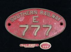 A Southern Railway oval engine plaque No.777E, for the Southern Railway Sir Lamiel King Arthur class