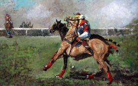 § Sherree Valentine-Daines (1956-)oil on board,Polo players,initialled,11 x 17.25in.