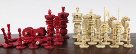 A late 19th / early 20th century Cantonese carved ivory chess set, complete with thirty two red