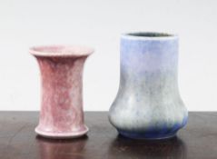 Two small Ruskin pottery vases, dated 1930 and 1932, the first of cylindrical form with a flared