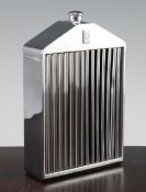 A Ruddspeed chrome plated spirit flask, in the form of a Rolls Royce car, marks to verso, 7.5in.