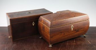 An Irish George III mahogany rectangular tea caddy, with two cut glass internal canisters and