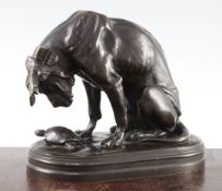 After Henri Alfred Jacquemart (1824-1896). A bronze model of a bloodhound studying a tortoise,