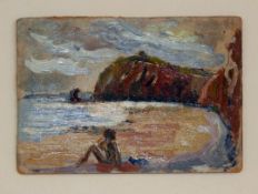 Patrick George (1923-)oil on board,Seated figure on the beach,studio stamp verso,4 x 6in.