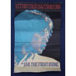 A psychedelic red and green lithographed poster of Mick Jagger, 'Let Him That is Without Sin Jail