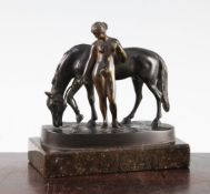 Gotthilf Jaeger (1871-1933). A bronze group of a horse and standing nude girl, on an oval base