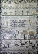 A Regency needlework sampler, with alphabet, verse and figural scene with farmhouse, peacocks, stags