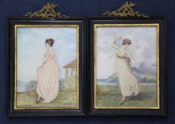 A pair of 19th century silkwork pictures, each depicting a young lady dancing, within a