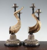 Anthony Redmile. A pair of ram's horn and silver plated candlesticks, each mounted with twin