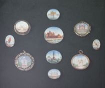 A collection of ten Indian oval painted miniatures, topographical scenes and birds, now mounted on