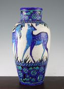 A large Boch Freres Art Deco 'Biches Bleues' vase, attributed to Charles Catteau, on a crackle