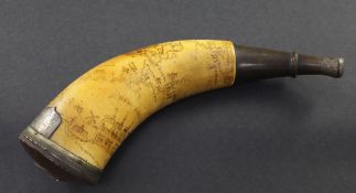 An American Revolution scrimshaw horn powder flask, decorated with a map of towns and forts along