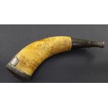 An American Revolution scrimshaw horn powder flask, decorated with a map of towns and forts along