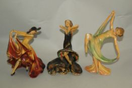 Three Wade Art Deco cellulose glazed figures of Mimi, Jeanette and Greta, all titled, and with red
