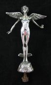 A 1930's chrome plated car mascot, modelled as a winged female on a rocky base, probably by