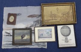 A collection of balloon and airship ephemera, including an oval miniature gouache on vellum,