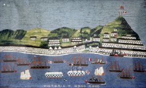 A Victorian woolwork picture of Victoria City, Hong Kong, depicting Victoria Peak, the harbour and