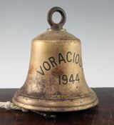 A WWII ship's bell from the submarine HMS Voracious, inscribed Voracious 1944, with iron clapper,
