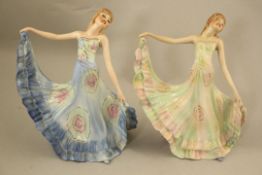 Two rare Wade Art Deco underglaze porcelain figures of Iris, c.1940, both with hand inscribed blue