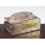 Anthony Redmile. A rectangular silver plated cigarette box, the lid mounted with a slice of agate,